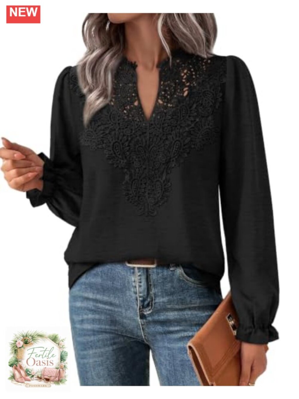 Women's Boho Lace V-Neck Long Sleeve Blouse Relaxed Fit
